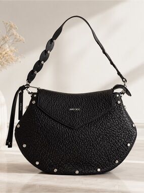 Jimmy Choo Black Textured Crescent Shoulder Bag with Stud Accents